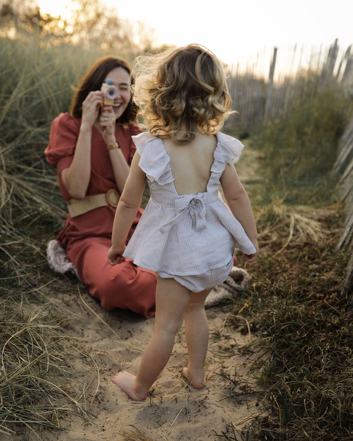 Ensemble Macaron + Craquelin - prototype voile de coton rayé