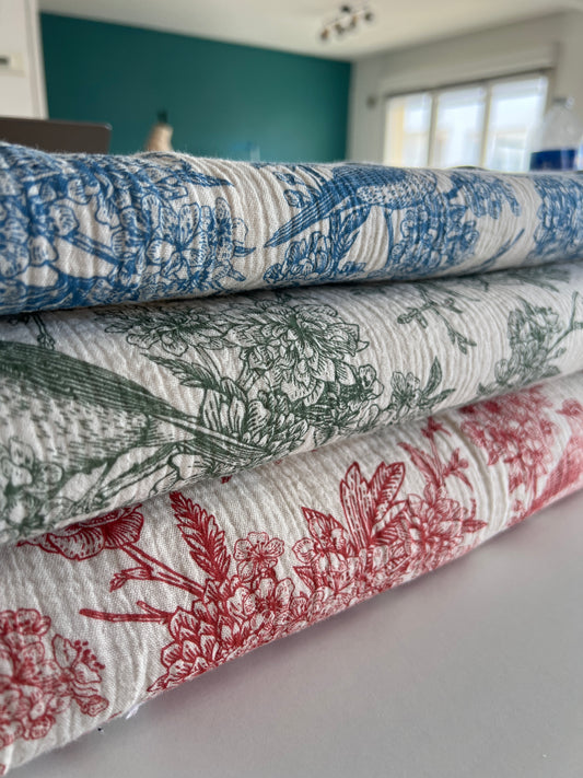 Tissu Gaze Motif Oiseau Bleu – 100% Coton Oeko-Tex – Coupon de 50 cm - Môme - Petits Patrons