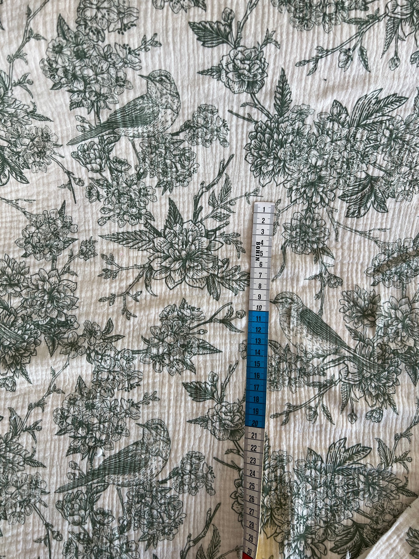 Tissu Gaze Motif Oiseau Vert – 100% Coton Oeko-Tex – Coupon de 50 cm - Môme - Petits Patrons