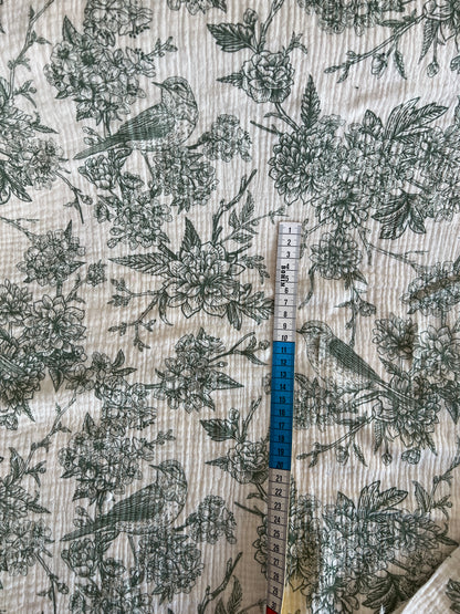 Tissu Gaze Motif Oiseau Vert – 100% Coton Oeko-Tex – Coupon de 50 cm - Môme - Petits Patrons