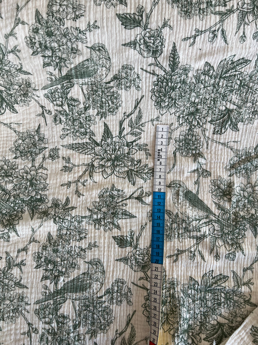 Tissu Gaze Motif Oiseau Vert – 100% Coton Oeko-Tex – Coupon de 50 cm - Môme - Petits Patrons