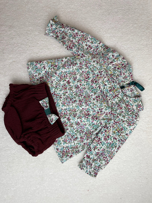 Blouse à col volanté - prototype coton fleuri violine