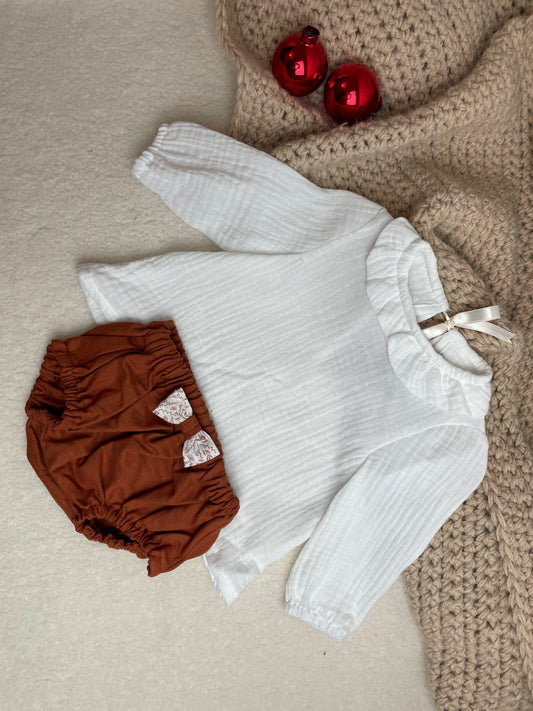 Blouse à col volanté - prototype double gaze écrue